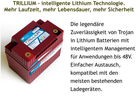 TRILLIUM - intelligente Lithium Technologie.Mehr Laufzeit, mehr Lebensdauer, mehr Sicherheit  Die legendäre Zuverlässigkeit von Trojan in Lithium Batterien mit intelligentem Management für Anwendungen bis 48V. Einfacher Austausch, kompatibel mit den meisten bestehenden Ladegeräten.